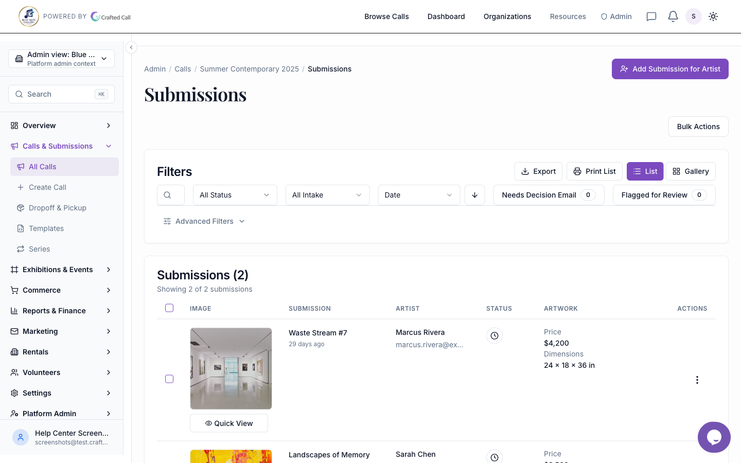 Admin submissions view showing jury scoring and review workflow