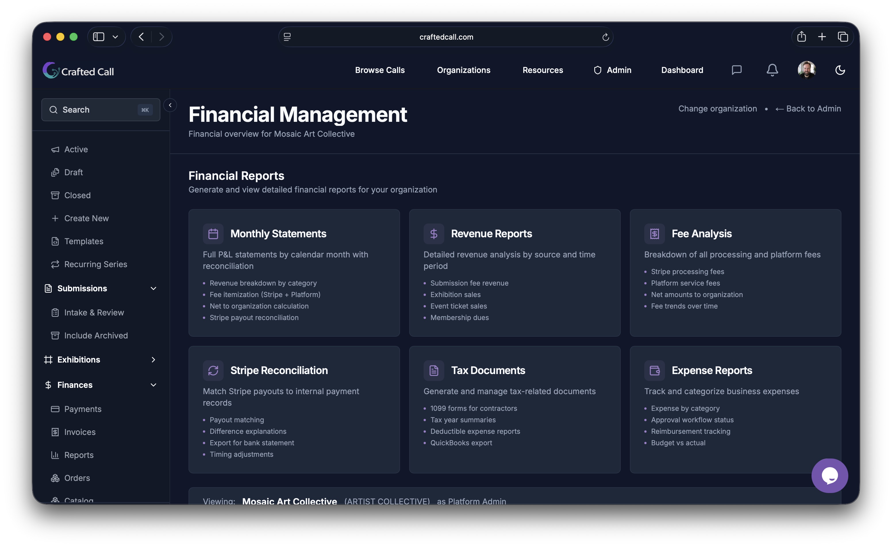 Financial reporting dashboard showing revenue, commissions, and payout history